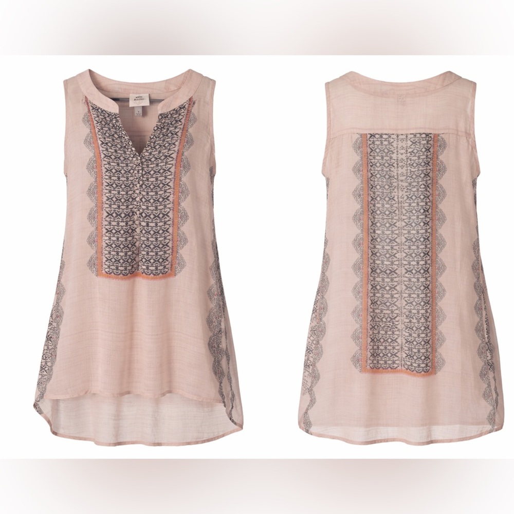 Knox Rose Sheer Blush Boho Embroidered Tunic | Sleeveless | High-Low | Size S